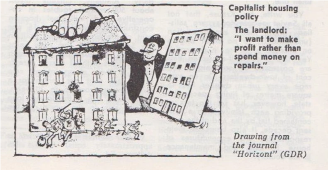 Politique de logement capitalist : Le Propriétaire : je préfère faire des profit plutôt que de dépenser de l'argent en réparations. / Dessin du journal "Horizont" - RDA Politique de logement capitalist : Le Propriétaire : je préfère faire des profit plutôt que de dépenser de l'argent en réparations. / Dessin du journal "Horizont" - RDA