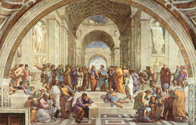 Renaissance européenne: L'Ecole d'Athènes, fresque de Raphaël représentant les savants de l'Antiquité Renaissance européenne: L'Ecole d'Athènes, fresque de Raphaël représentant les savants de l'Antiquité