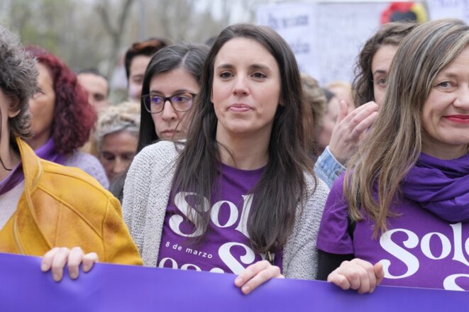 La ministre de l'égalité Irene Montero (Unidas Podemos), lors de la manifestation pour la Journée internationale des femmes, le 8 mars 2020 à Madrid. © Oscar Gonzalez/NurPhoto/AFP La ministre de l'égalité Irene Montero (Unidas Podemos), lors de la manifestation pour la Journée internationale des femmes, le 8 mars 2020 à Madrid. © Oscar Gonzalez/NurPhoto/AFP