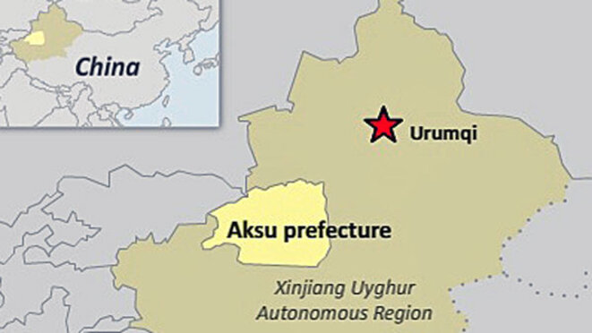 Une carte montre la préfecture d'Aksu dans la région autonome ouïghoure du Xinjiang (nord-ouest de la Chine). RFA Une carte montre la préfecture d'Aksu dans la région autonome ouïghoure du Xinjiang (nord-ouest de la Chine). RFA