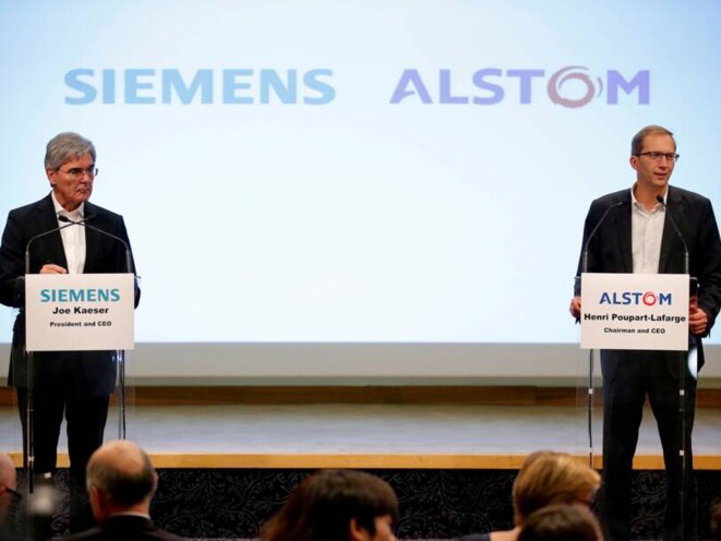 Le PDG de Siemens et celui d'Alstom lors de l'annonce de la fusion en septembre 2017. © Alstom Le PDG de Siemens et celui d'Alstom lors de l'annonce de la fusion en septembre 2017. © Alstom