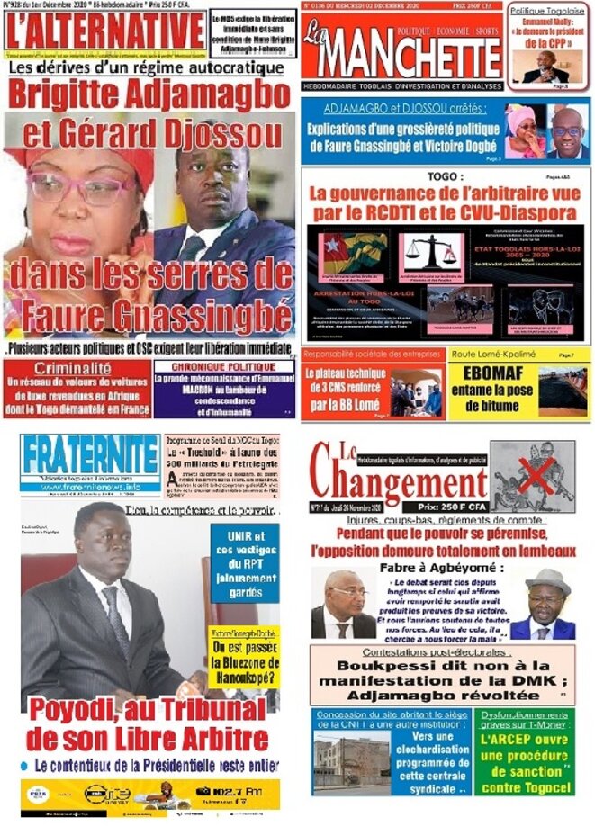 Les arrestations de Mme Adjamagbo et de M. Djossou font la une de la presse togolaise Les arrestations de Mme Adjamagbo et de M. Djossou font la une de la presse togolaise