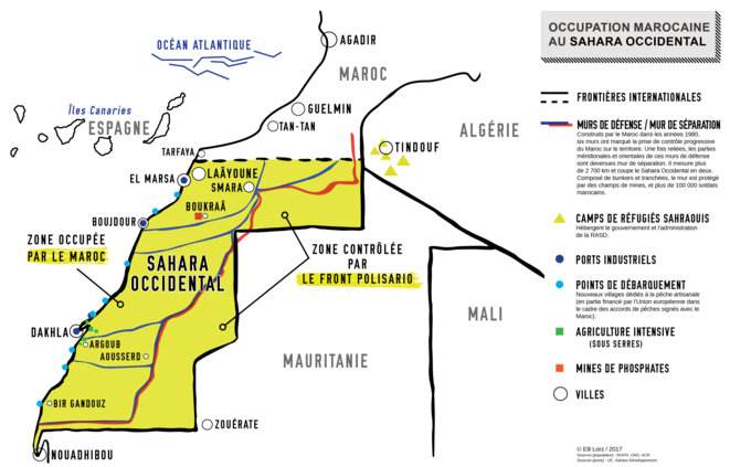 Carte du Sahara Occidental. La ligne rouge indique le mur de séparation, celles en bleu les anciens murs de défense marocain. Les ronds bleus indiquent les ports. © Elli Lorz Carte du Sahara Occidental. La ligne rouge indique le mur de séparation, celles en bleu les anciens murs de défense marocain. Les ronds bleus indiquent les ports. © Elli Lorz