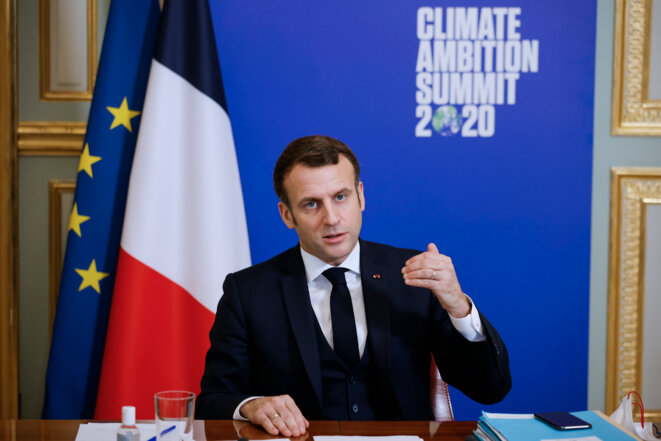 Emmanuel Macron à l'Élysée, lors de son intervention au sommet sur le climat, samedi 12 décembre 2020. © Yoan Valat / Pool / AFP