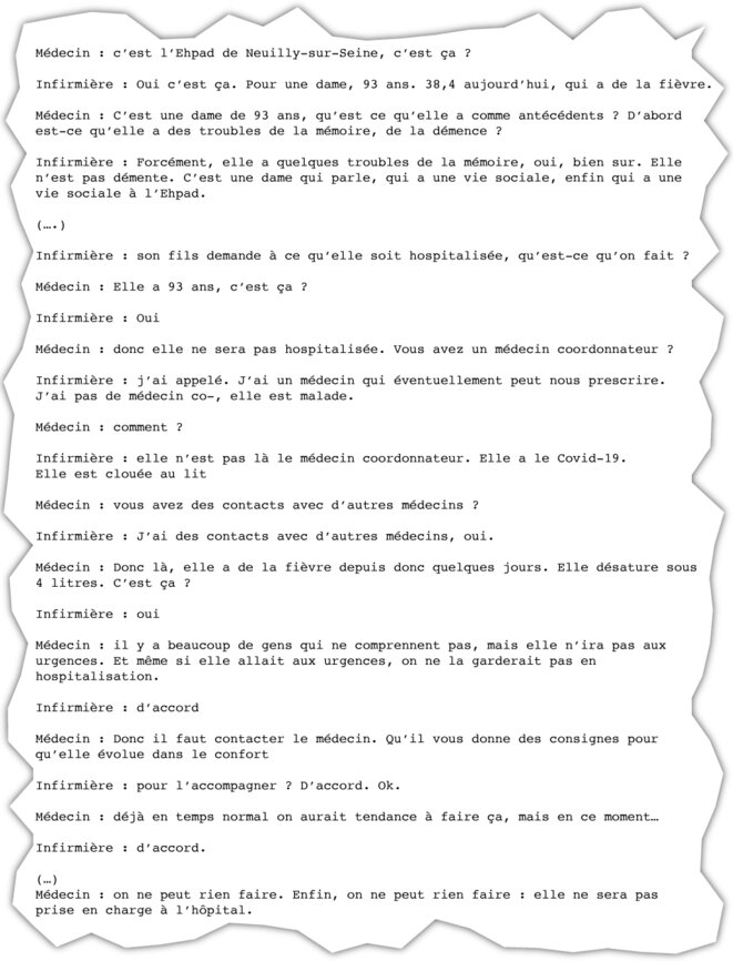 Extrait de l'appel du 31 mars 2020 de l'Ehpad de Neuilly-sur-Seine au Samu des Hauts-de-Seine.