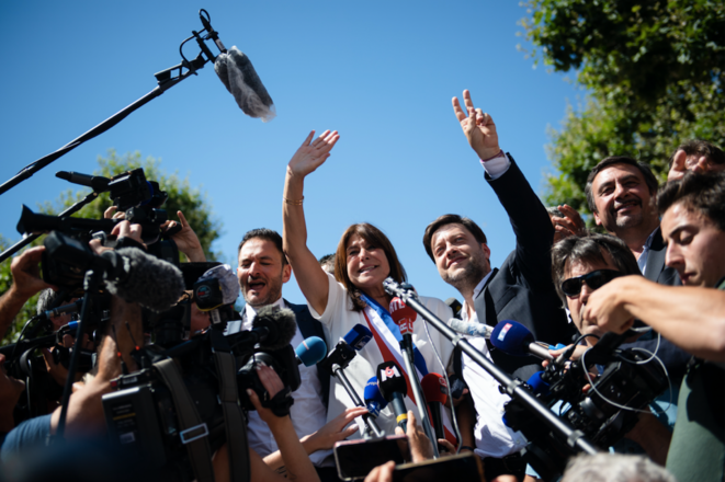 Michèle Rubirola et Benoît Payan, fêtant la victoire, le 4 juillet à Marseille. © CLEMENT MAHOUDEAU / AFP