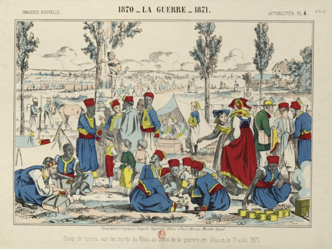 Camp de turcos sur les bords du Rhin, au début de la guerre, en Alsace, le 1er août 1870. © Haguenthal