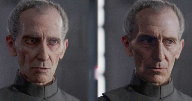 Peter Cushing, mort en 1994, apparait pourtant dans Rogue One en 2016. Les effets spéciaux utilisés à l’époque déçoivent les fans. La version deepfakes (droite) se rapproche davantage de l’acteur. Peter Cushing, mort en 1994, apparait pourtant dans Rogue One en 2016. Les effets spéciaux utilisés à l’époque déçoivent les fans. La version deepfakes (droite) se rapproche davantage de l’acteur.