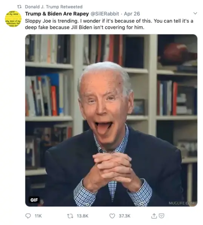 Deepfake de Joe Biden retweeté par Donald Trump le 26 avril 2020 Deepfake de Joe Biden retweeté par Donald Trump le 26 avril 2020