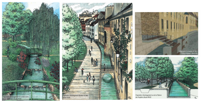 Illustrations d’avant-projet pour la réouverture de la Bièvre : fraîcheur, promenade, vélo… le « package » de la nature en ville en cœur de Métropole © Atelier Parisien d'Urbanisme (APUR) Illustrations d’avant-projet pour la réouverture de la Bièvre : fraîcheur, promenade, vélo… le « package » de la nature en ville en cœur de Métropole © Atelier Parisien d'Urbanisme (APUR)