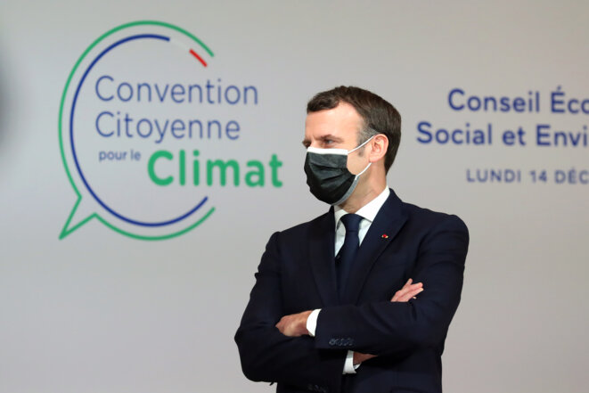 Emmanuel Macron devant les membres de la Convention citoyenne pour le climat, le 14 décembre. © Thibault Camus / POOL / AFP