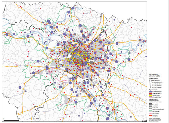 Répartition stratégique des enseignes de la grande distribution en Île-de-France : une asphyxie du commerce local associée à la destruction des terres agricoles et espaces naturels © Les magasins alimentaires franciliens 2013 – APUR Répartition stratégique des enseignes de la grande distribution en Île-de-France : une asphyxie du commerce local associée à la destruction des terres agricoles et espaces naturels © Les magasins alimentaires franciliens 2013 – APUR
