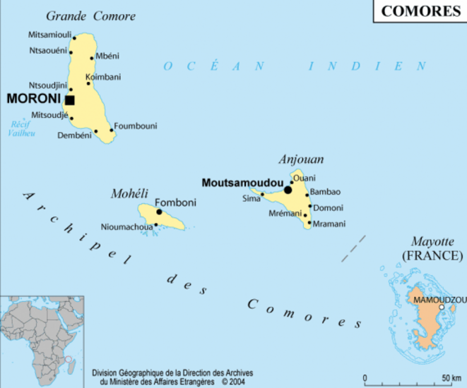 Map showing French-run Mayotte in relation to the three islands of the island nation of Comoros.