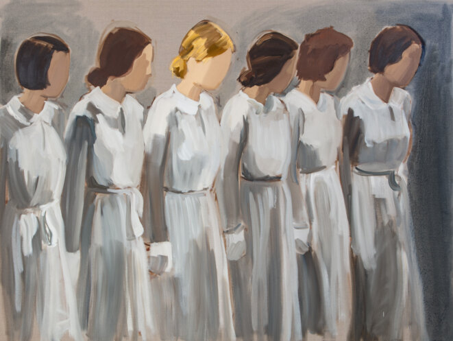 Gideon Rubin Six Girls in Uniform 2019 Huile sur toile de lin / Oil on linen 180 x 240 cm / 70 3⁄4 x 94 1⁄2 in © Gideon Rubin Courtesy of Galerie Karsten Greve Köln Paris St. Moritz Photo : Richard Ivey Gideon Rubin Six Girls in Uniform 2019 Huile sur toile de lin / Oil on linen 180 x 240 cm / 70 3⁄4 x 94 1⁄2 in © Gideon Rubin Courtesy of Galerie Karsten Greve Köln Paris St. Moritz Photo : Richard Ivey