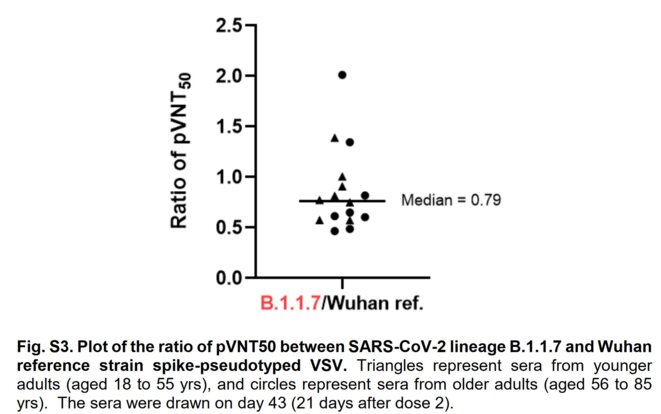 6Fig. S3. Plot of the ratio of pVNT50 between SARS-CoV-2 lineage B.1.1.7 and Wuhan reference strain spike-pseudotyped VSV. © Alexander Muik et al doi: https://doi.org/10.1101/2021.01.18.426984 6Fig. S3. Plot of the ratio of pVNT50 between SARS-CoV-2 lineage B.1.1.7 and Wuhan reference strain spike-pseudotyped VSV. © Alexander Muik et al doi: https://doi.org/10.1101/2021.01.18.426984