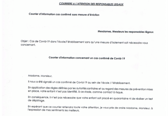 Courrier-type de l'Éducation nationale pour les familles si un cas positif se déclare dans une classe. © DR