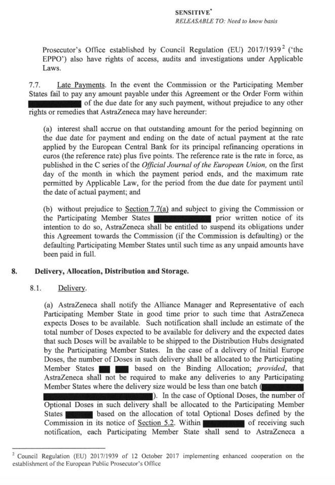 Une  page du contrat entre AstaZeneca et la Commission, rendu public le 29 janvier, avec certains passages et noms biffés.
