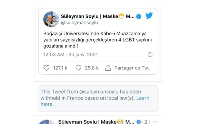 Tweet de Süleyman Soylu, ministère de l'Intérieur de Turquie Tweet de Süleyman Soylu, ministère de l'Intérieur de Turquie