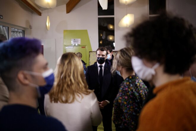 Emmanuel Macron à la Maison des étudiants de l’Université Paris-Saclay, le 21 janvier. © Yohan Valat/Pool/AFP