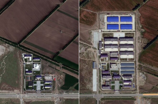 Ziawudun a identifié ce site - répertorié comme une école - comme l'endroit où elle était détenue. Les images satellites de 2017 (à gauche) et de 2019 (à droite) montrent un développement significatif typique des camps, avec ce qui ressemble à des dortoirs et des bâtiments d'usine Ziawudun a identifié ce site - répertorié comme une école - comme l'endroit où elle était détenue. Les images satellites de 2017 (à gauche) et de 2019 (à droite) montrent un développement significatif typique des camps, avec ce qui ressemble à des dortoirs et des bâtiments d'usine
