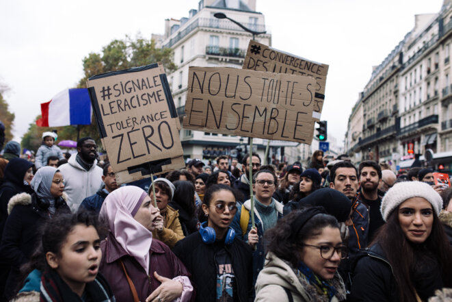 Dans la manifestation contre l’islamophobie du 10 novembre 2019, à Paris. © Philippe Labrosse / Hans Lucas via AFP Dans la manifestation contre l’islamophobie du 10 novembre 2019, à Paris. © Philippe Labrosse / Hans Lucas via AFP
