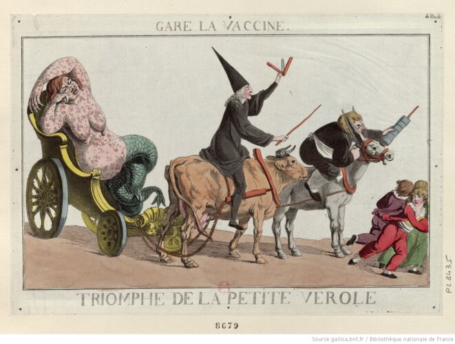 « Gare la vaccine », estampe, caricature (fin du XVIIIe-début du XIXe siècle). © Gallica (BnF) « Gare la vaccine », estampe, caricature (fin du XVIIIe-début du XIXe siècle). © Gallica (BnF)