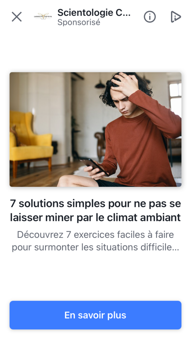 Capture d’écran sur de l’application Météo-France mettant en évidence une publicité de la Scientologie © Mathieu Repiquet Capture d’écran sur de l’application Météo-France mettant en évidence une publicité de la Scientologie © Mathieu Repiquet