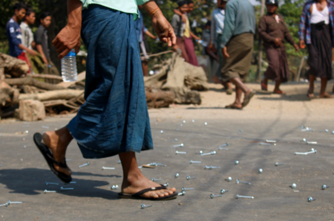 Premier jour de répression à Salin, Haute-Birmanie, où deux personnes ont été abattues et plus d'une dizaine blessées lors d'un assaut de la police, le 3 mars 2021. © Collectif The Myanmar Project