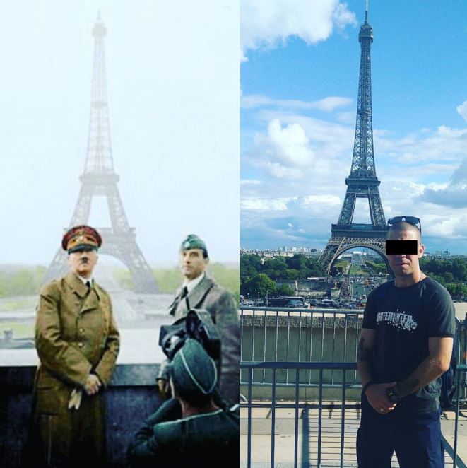 Cuando el legionario Nikita H. posa frente a la Torre Eiffel, añade junto a su foto una imagen de Adolf Hitler en la misma pose frente al mismo monumento en 1940. © DR