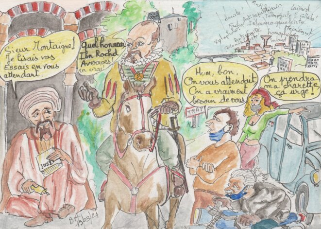 Rencontre d'un troisième type entre Averroes, Montaigne et des jeunes d'aujourd'hui © Les croquis de BA Rencontre d'un troisième type entre Averroes, Montaigne et des jeunes d'aujourd'hui © Les croquis de BA