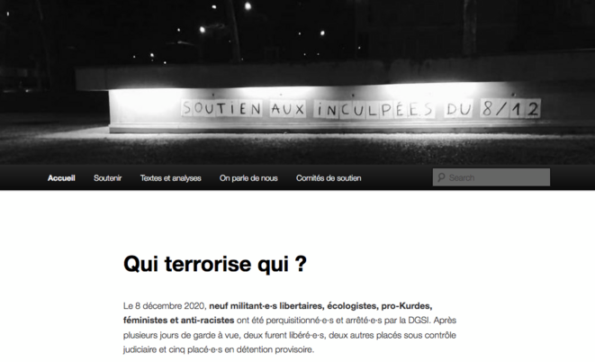 Capture d'écran du site du comité de soutien aux
                personnes interpellées