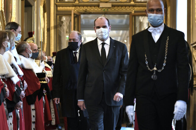Éric Dupond-Moretti et Jean Castex, le 11 janvier. © Stéphane de Sakutin / AFP / Pool