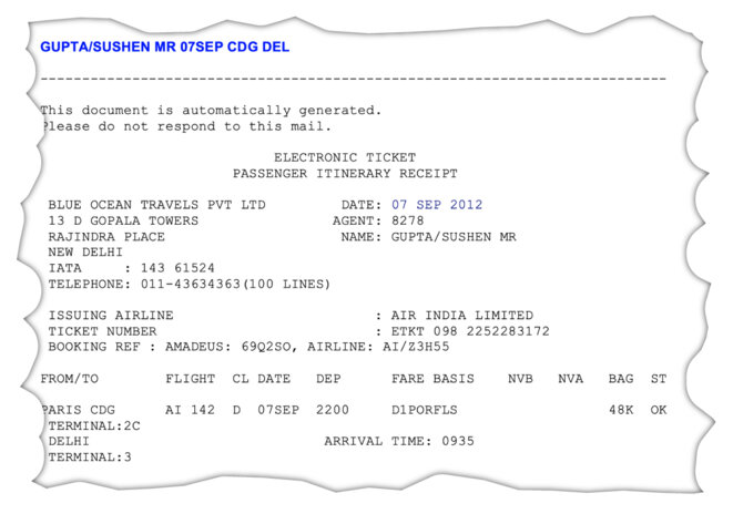Above: the electronic ticket for a Paris-New Delhi flight in the name of Sushen Gupta discovered in the same computer file of notes apparently prepared for presentation to Dassault. © Document Mediapart