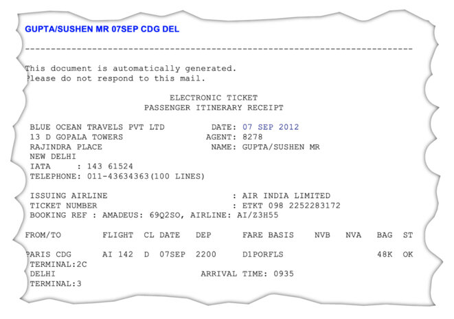 Above: the electronic ticket for a Paris-New Delhi flight in the name of Sushen Gupta discovered in the same computer file of notes apparently prepared for presentation to Dassault. © Document Mediapart Above: the electronic ticket for a Paris-New Delhi flight in the name of Sushen Gupta discovered in the same computer file of notes apparently prepared for presentation to Dassault. © Document Mediapart