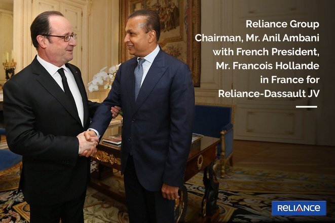A Reliance Group PR photo of François Hollande (left) meeting with Anil Ambani at the French presidential office, the Élysée Palace, in February 2017. © Reliance A Reliance Group PR photo of François Hollande (left) meeting with Anil Ambani at the French presidential office, the Élysée Palace, in February 2017. © Reliance