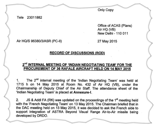 The minutes, or “Record of discussions”, as drawn up by the Indian defence ministry’s negotiating team (INT) of the second meeting of discussions. © Document Mediapart