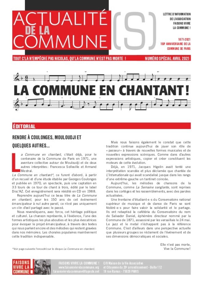 LA COMMUNE EN CHANTANT - Un numéro spécial de ACTUALITE(S) DE LA COMMUNE