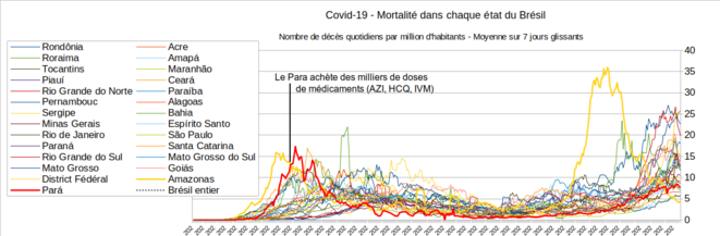 Fig.3 - Mortalité du Covid-19 au Para, en Amazonas et dans les autres états brésiliens © Enzo, Lolo, d'après les chiffres du gouvernement brésilien. Source : https://covid.saude.gov.br/ Fig.3 - Mortalité du Covid-19 au Para, en Amazonas et dans les autres états brésiliens © Enzo, Lolo, d'après les chiffres du gouvernement brésilien. Source : https://covid.saude.gov.br/