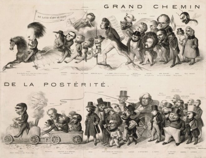 Grand chemin de la postérité, les romantiques en cortège. Dans cette caricature, Victor Hugo mène un cortège échevelé de journalistes et auteurs romantiques : Théophile Gautier, Cassagnac, Wey, Fouché, Eugène Sue, Lamartine, Alexandre Dumas, Soulié, Balzac, Gozlan, Delavigne, Alfred de Vigny, Alphonse Karr, Emile Bayard, Paul de Kock, Briffaut… Lamartine les surplombe. Grand chemin de la postérité, les romantiques en cortège. Dans cette caricature, Victor Hugo mène un cortège échevelé de journalistes et auteurs romantiques : Théophile Gautier, Cassagnac, Wey, Fouché, Eugène Sue, Lamartine, Alexandre Dumas, Soulié, Balzac, Gozlan, Delavigne, Alfred de Vigny, Alphonse Karr, Emile Bayard, Paul de Kock, Briffaut… Lamartine les surplombe.
