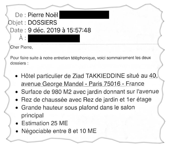 En décembre 2019, Noël Dubus, dont l'alias est Pierre Noël de la Rosa, envoie une proposition d'achat de la propriété de Takieddine à Pierre Reynaud. © DR