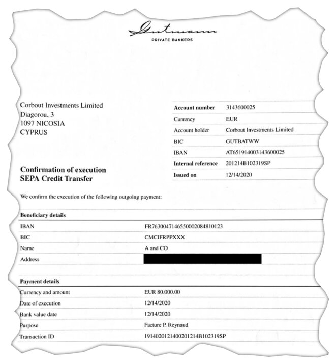 Le premier paiement de Pierre Reynaud à Noël Dubus à partir d'une société offshore chypriote. © DR