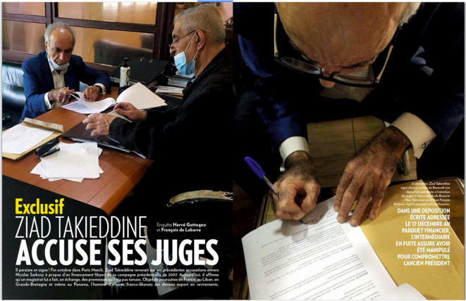 L'article de Paris Match et les photos prises lors de la signature par Takieddine de sa rétractation chez le notaire. © DR