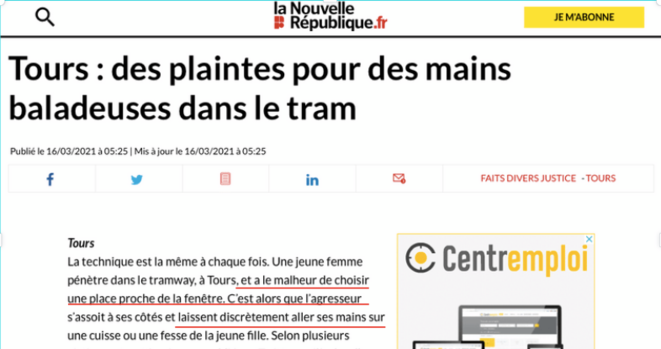 Article de La Nouvelle République "Tours : des plaintes pour des mains baladeuses dans le tram", 16/03/2021 Article de La Nouvelle République "Tours : des plaintes pour des mains baladeuses dans le tram", 16/03/2021