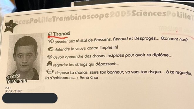 Trombinoscope des étudiants de Sciences-Po Lille en 2005 : Gérald Darmanin, bientôt 23 ans, termine sa 2e année à l'IEP, dans la filière «Administration publique» (conférence de méthode «2AP1»). © Compte twitter @MaximeHaes Trombinoscope des étudiants de Sciences-Po Lille en 2005 : Gérald Darmanin, bientôt 23 ans, termine sa 2e année à l'IEP, dans la filière «Administration publique» (conférence de méthode «2AP1»). © Compte twitter @MaximeHaes