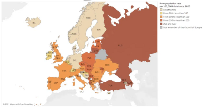Nombre de détenus pour 100 000 habitants dans les pays du Conseil de l'Europe © SPACE I Nombre de détenus pour 100 000 habitants dans les pays du Conseil de l'Europe © SPACE I