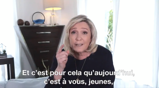 La présidente du RN en «meeting numérique», ce 1er mai 2021. © Tweeter Marine Le Pen