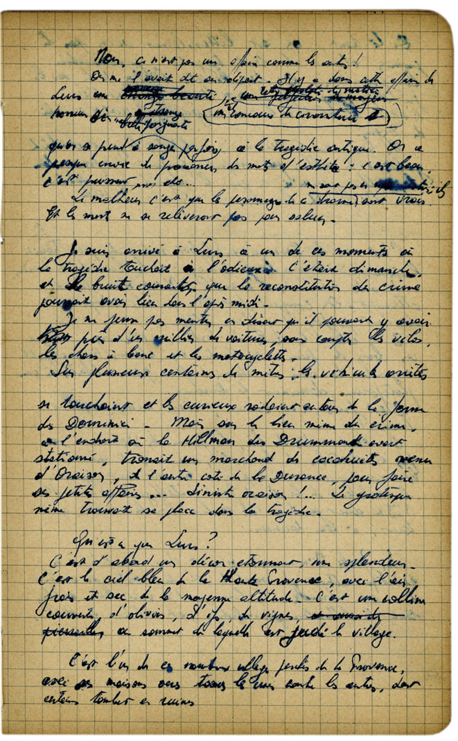 A page from the notebook in which Jean Meckert wrote his article on the Dominici family '15 mois sous la loi du silence, à la Grand-Terre'. A page from the notebook in which Jean Meckert wrote his article on the Dominici family '15 mois sous la loi du silence, à la Grand-Terre'.