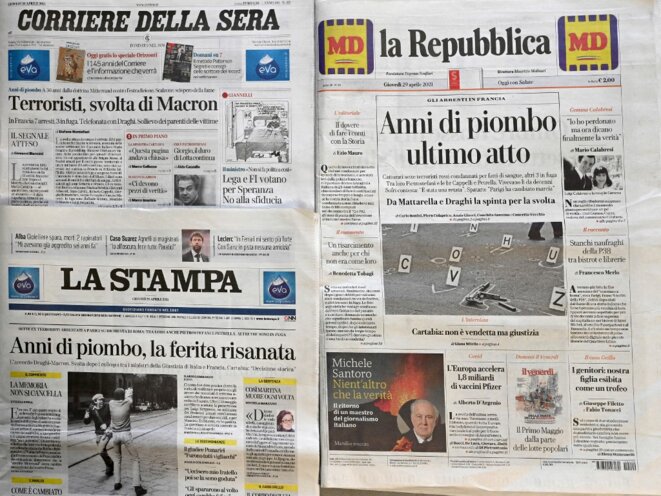 Les unes des journaux italiens au lendemain de l’annonce de l’arrestation des anciens militants. © Vincenzo Pinto/AFP