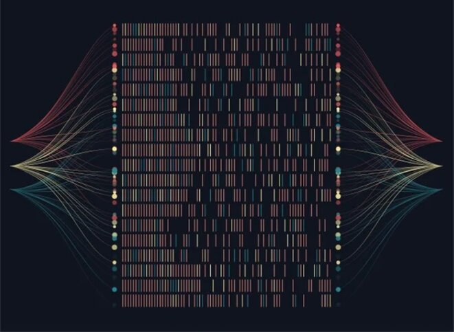 Visualisation d'artiste de données génomiques. © Nobi Prizue Getty Images Visualisation d'artiste de données génomiques. © Nobi Prizue Getty Images