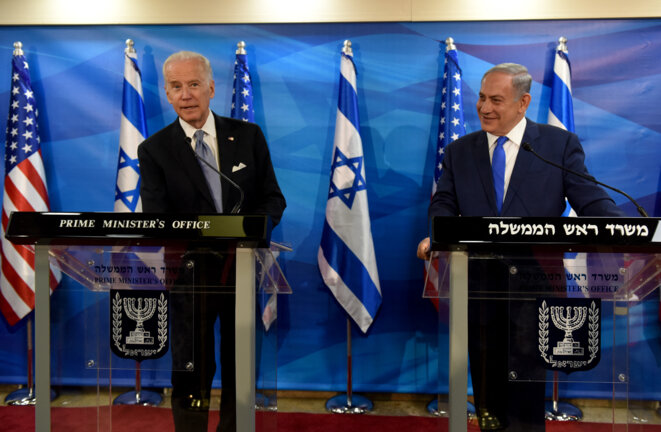Joe Biden et Benyamin Netanyahou en 2016 au siège du premier ministre israélien à Jérusalem. © DEBBIE HILL / AFP / POOL Joe Biden et Benyamin Netanyahou en 2016 au siège du premier ministre israélien à Jérusalem. © DEBBIE HILL / AFP / POOL